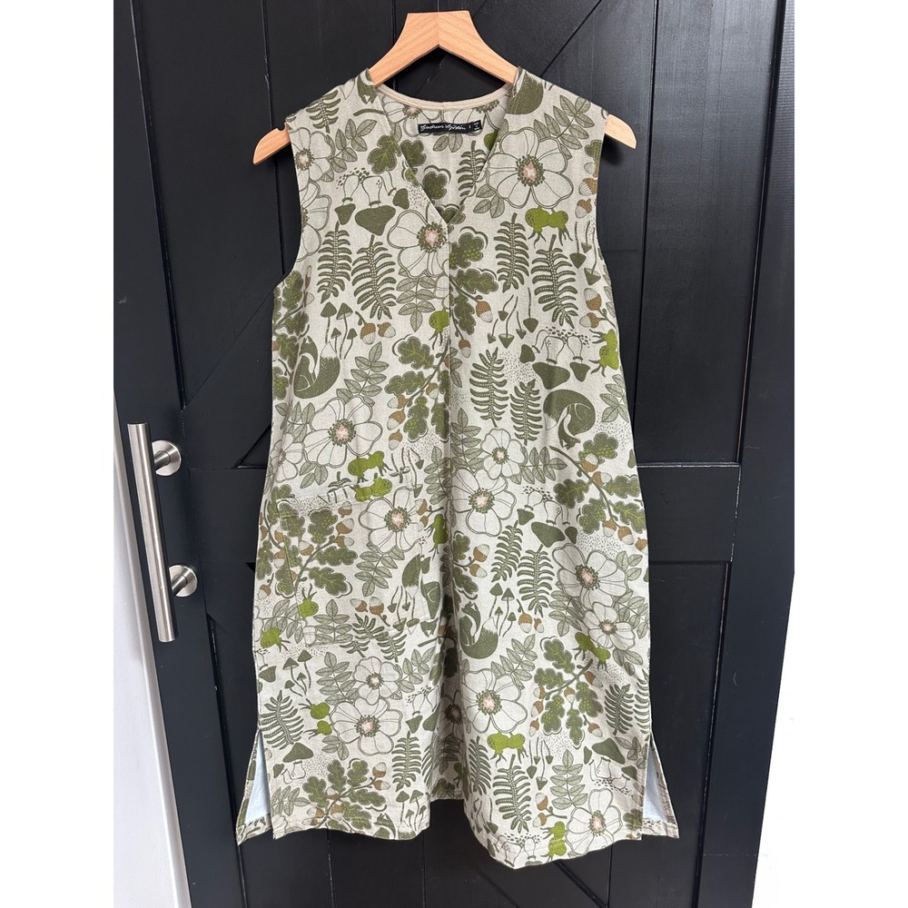 Gudrun Sjoden Linen Cotton Botanical  Tunic Dress Size S Green Cottagecore Artsy